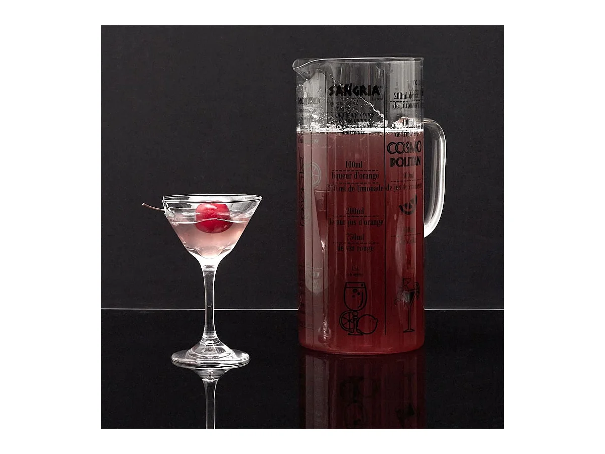 Pichet 2L en Verre Transparent Gradué avec 6 Recettes de Cocktails intégrées