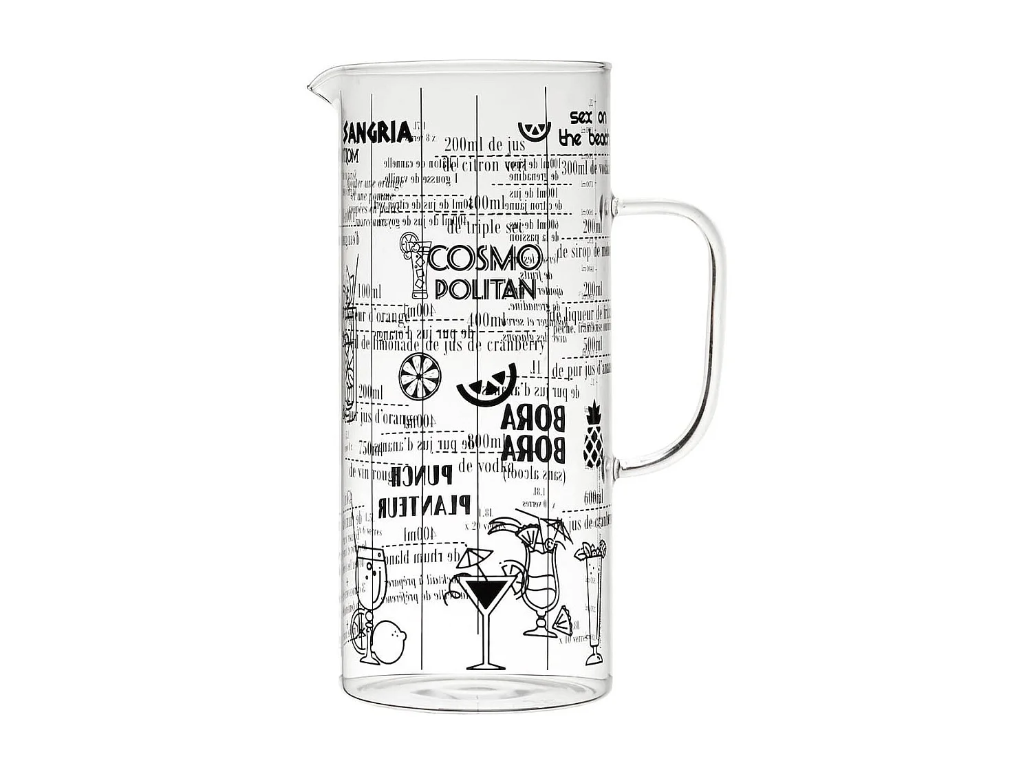 Pichet 2L en Verre Transparent Gradué avec 6 Recettes de Cocktails intégrées