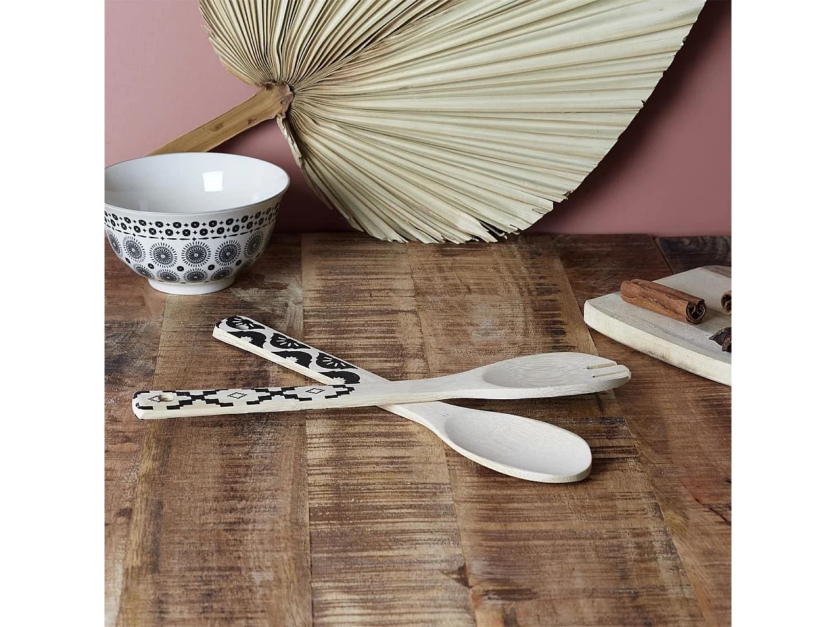 Couverts à salade en bois de bambou avec manche noirs à motifs