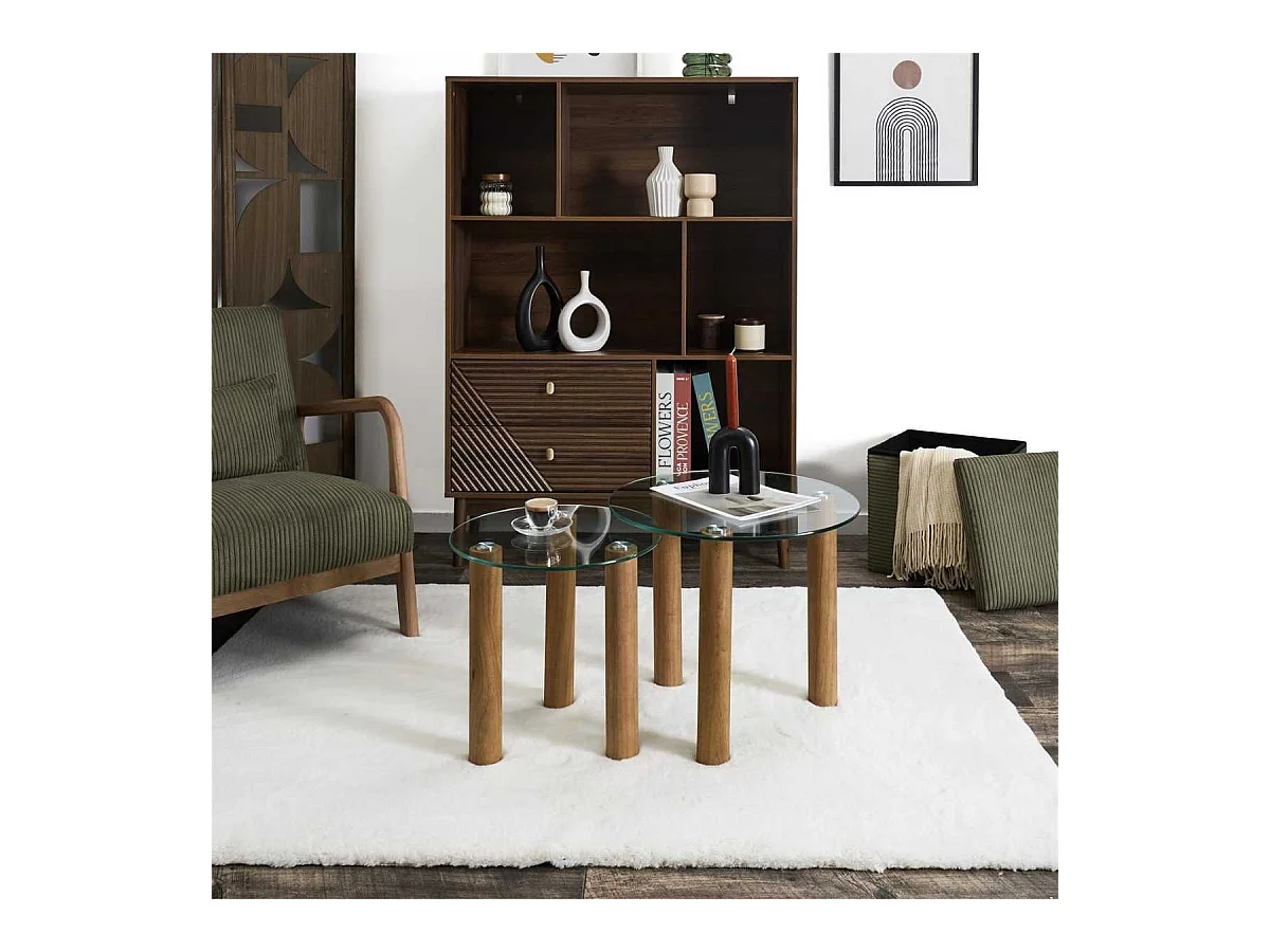 Lot de 2 Tables basses gigogne rondes en verre trempé pieds en hévéa - INAYA