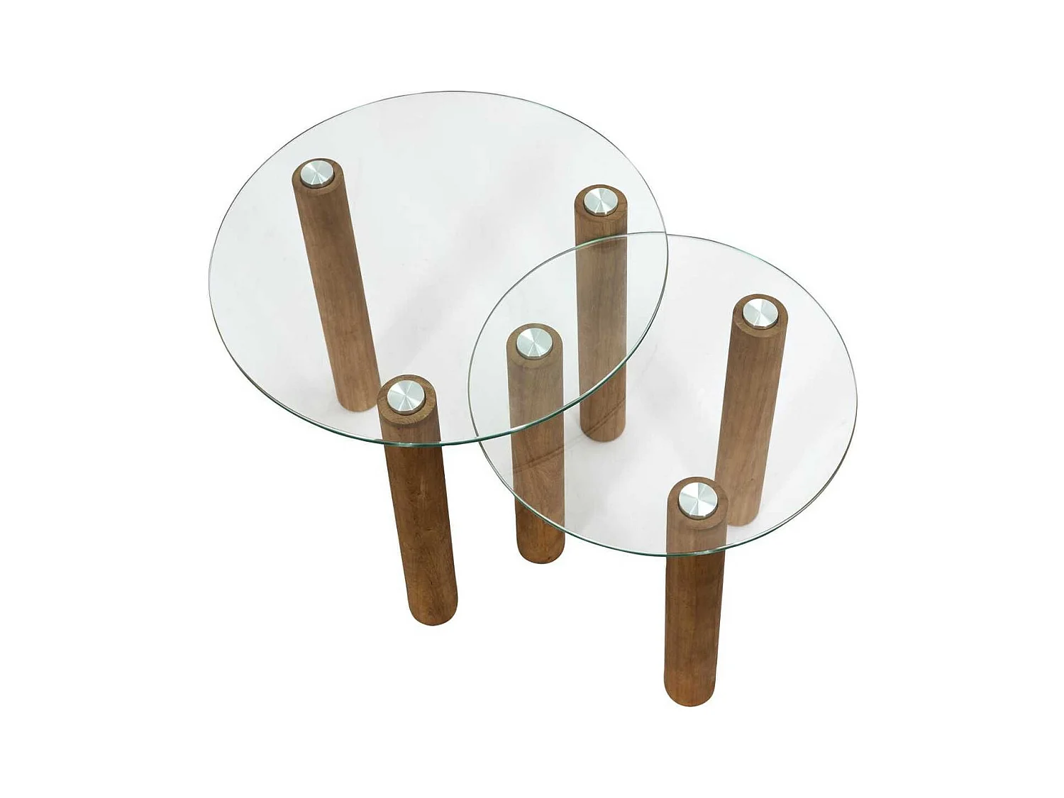 Lot de 2 Tables basses gigogne rondes en verre trempé pieds en hévéa - INAYA