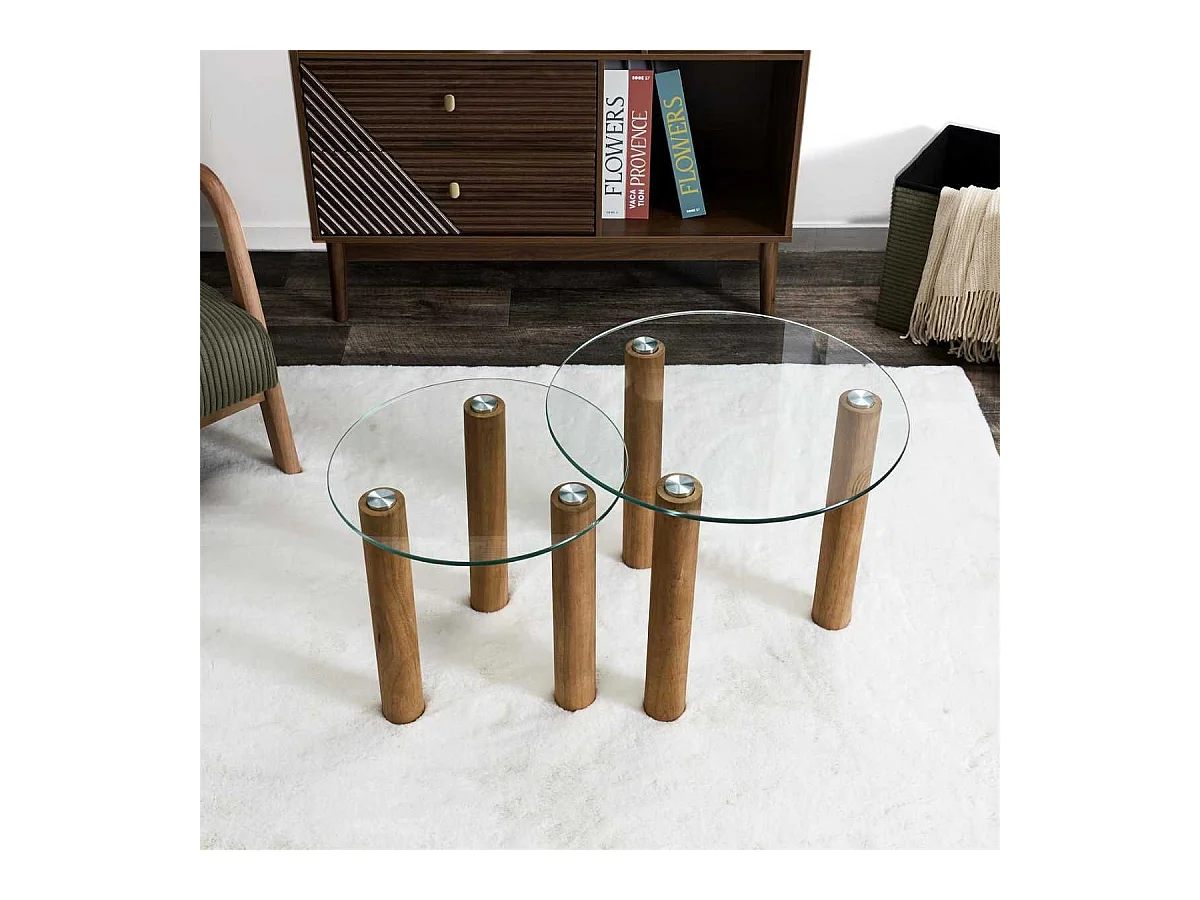 Lot de 2 Tables basses gigogne rondes en verre trempé pieds en hévéa - INAYA