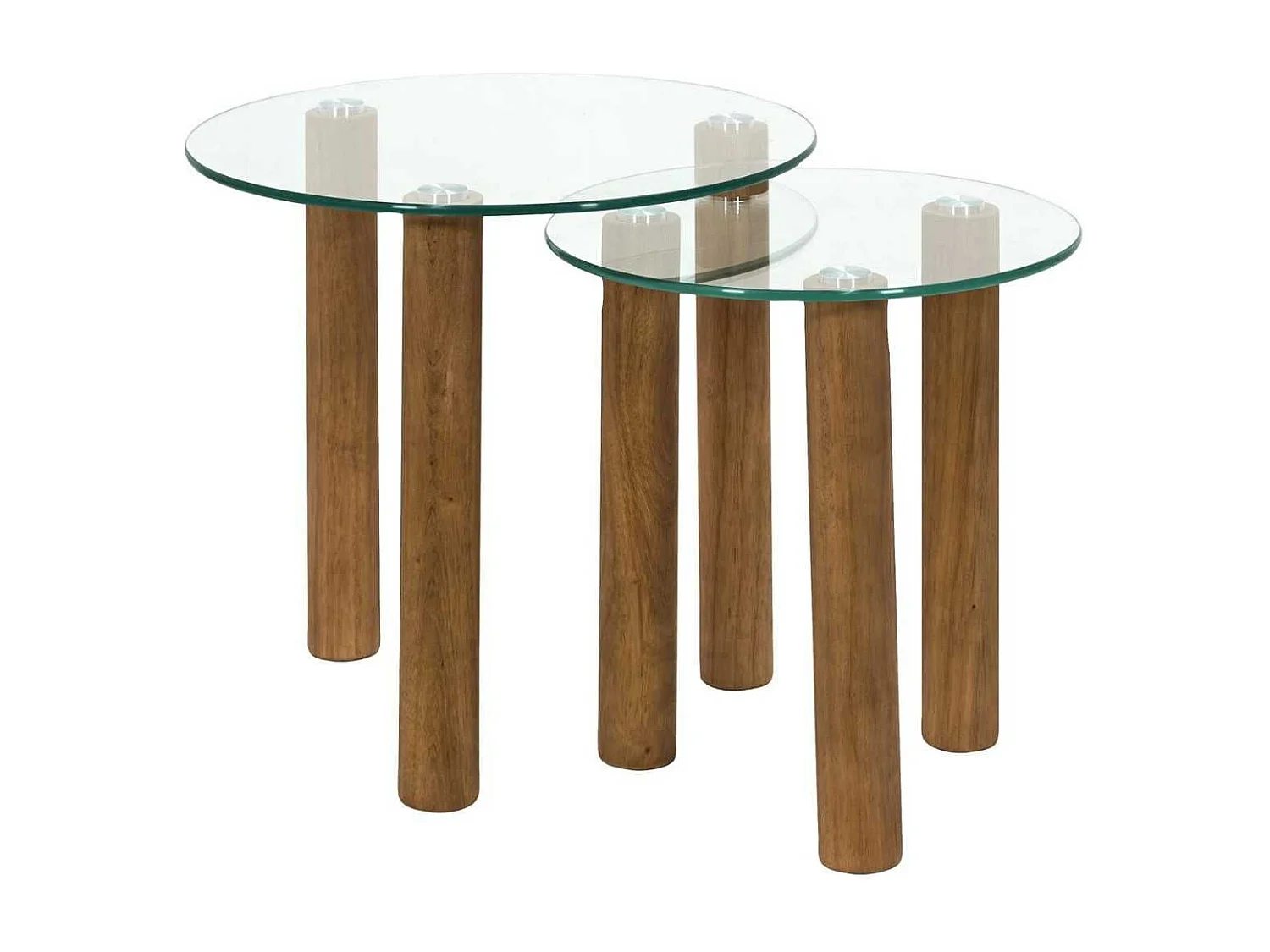Lot de 2 Tables basses gigogne rondes en verre trempé pieds en hévéa - INAYA