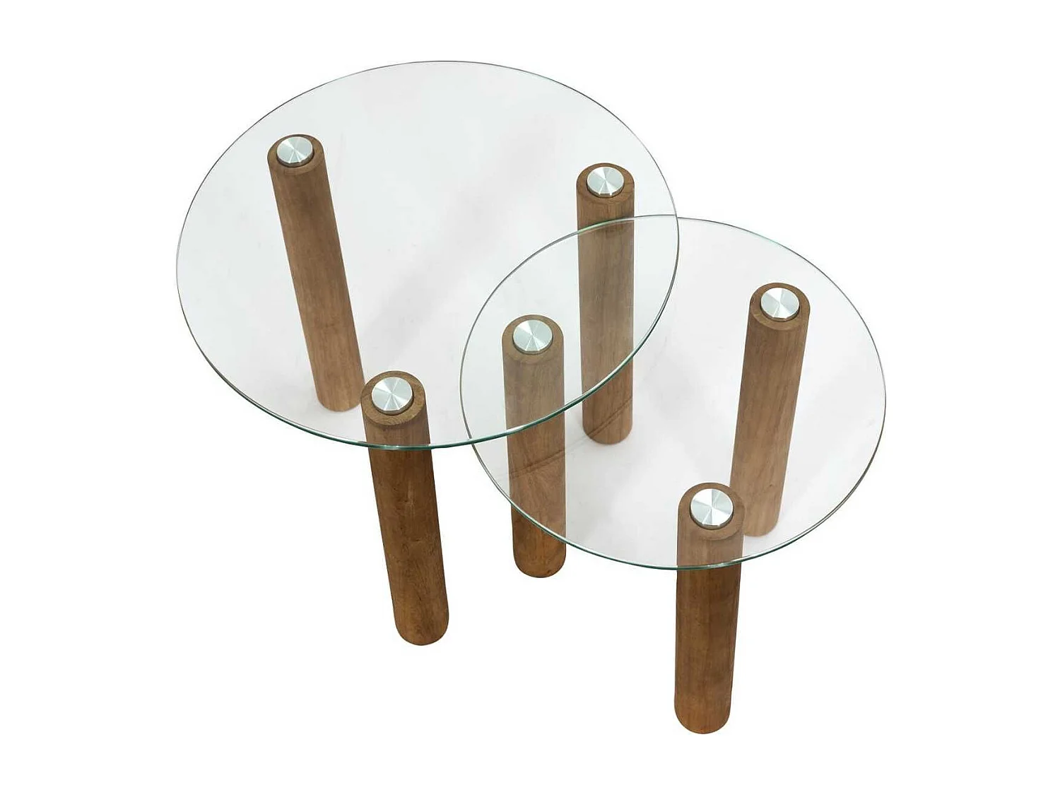 Lot de 2 Tables basses gigogne rondes en verre trempé pieds en hévéa - INAYA