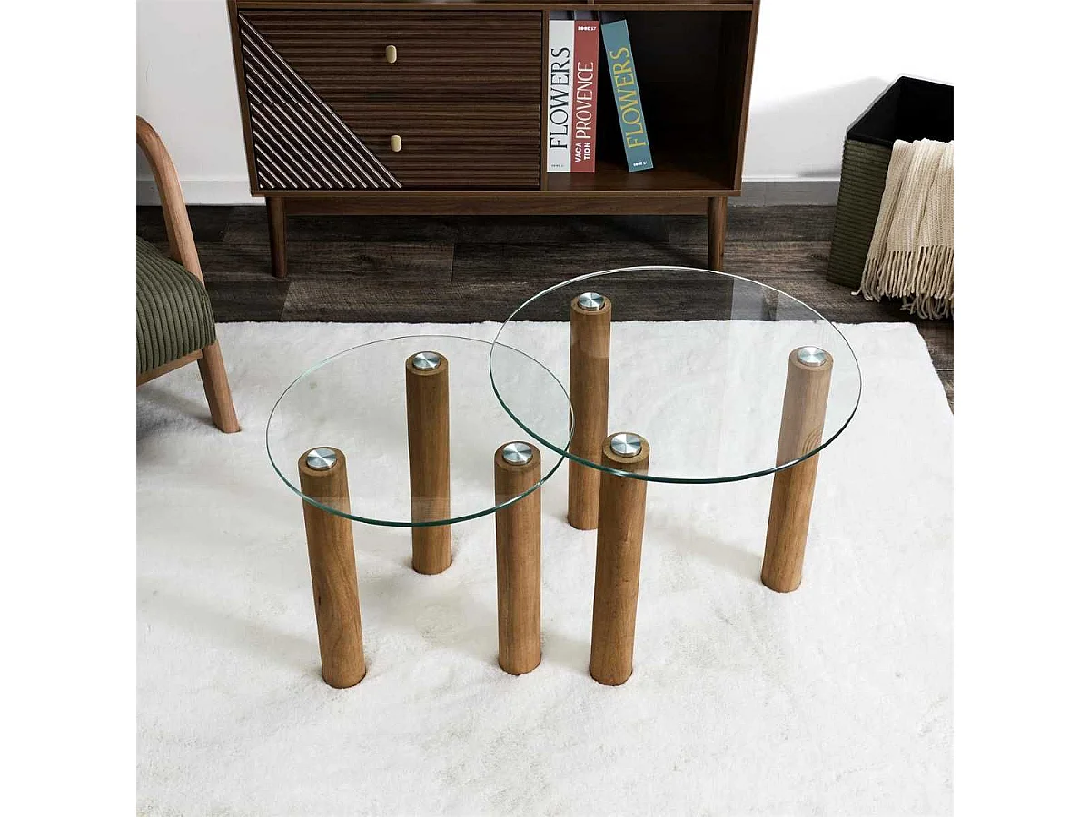 Lot de 2 Tables basses gigogne rondes en verre trempé pieds en hévéa - INAYA