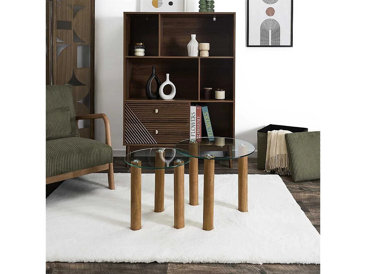 Lot de 2 Tables basses gigogne rondes en verre trempé pieds en hévéa - INAYA