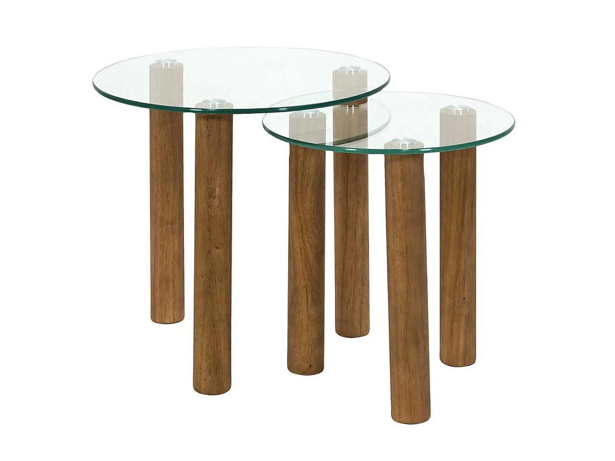 Lot de 2 Tables basses gigogne rondes en verre trempé pieds en hévéa - INAYA