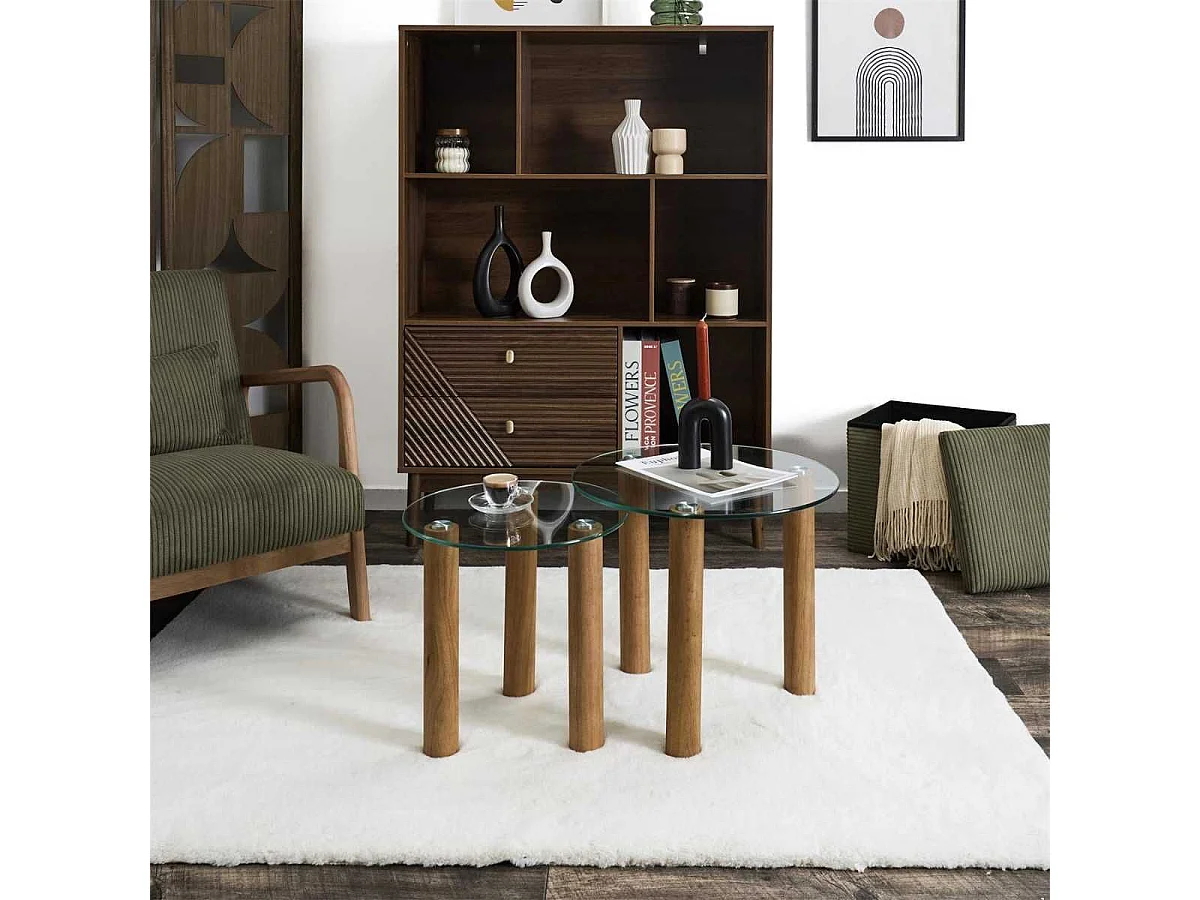 Lot de 2 Tables basses gigogne rondes en verre trempé pieds en hévéa - INAYA