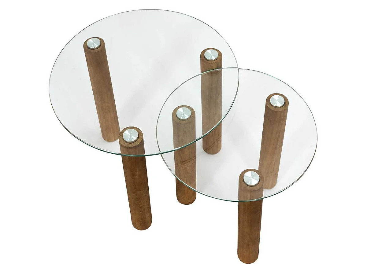 Lot de 2 Tables basses gigogne rondes en verre trempé pieds en hévéa - INAYA