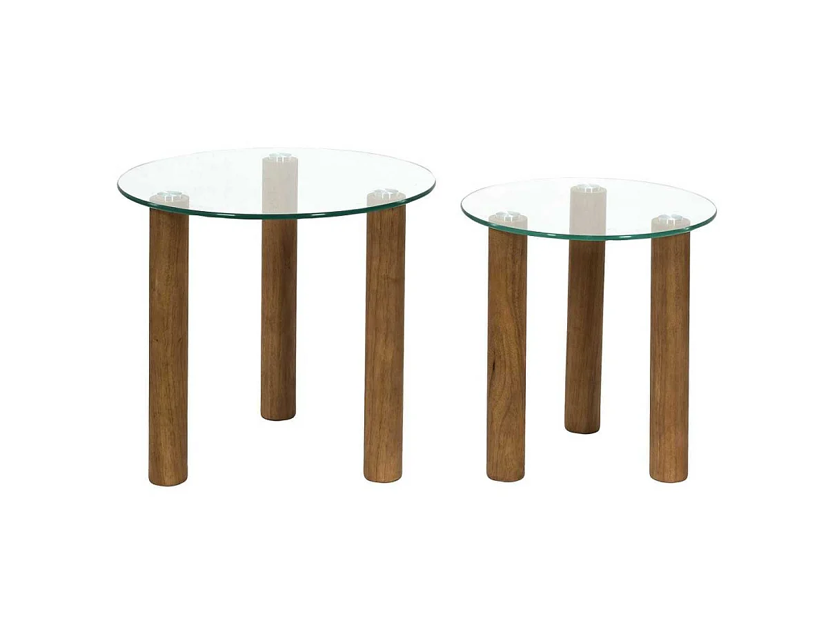 Lot de 2 Tables basses gigogne rondes en verre trempé pieds en hévéa - INAYA