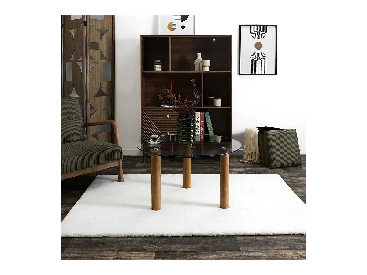 Table basse ronde en verre trempé pieds en hévéa - INAYA