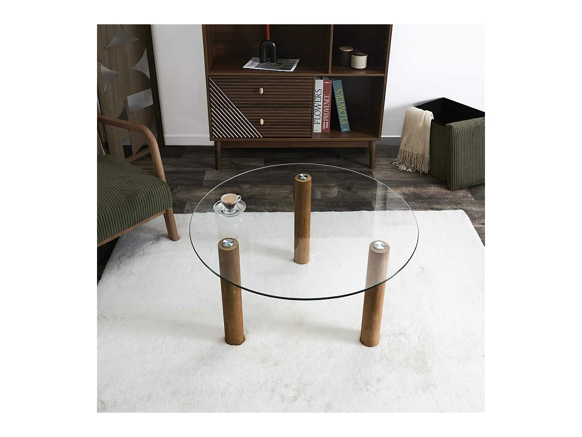 Table basse ronde en verre trempé pieds en hévéa - INAYA