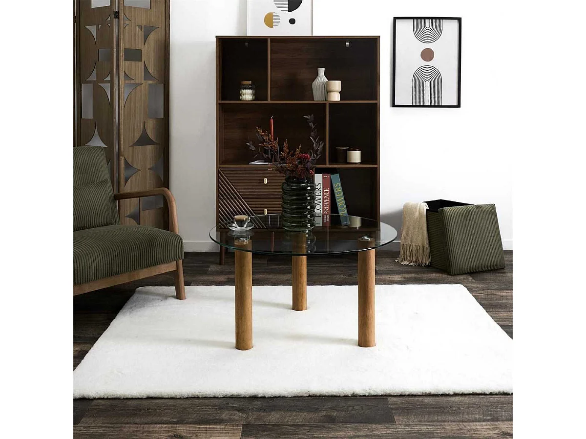 Table basse ronde en verre trempé pieds en hévéa - INAYA