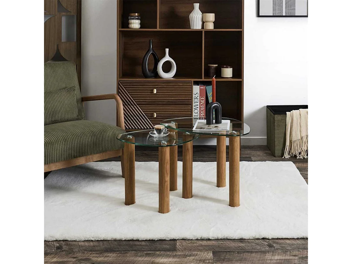 Lot de 2 Tables basses gigogne forme galet en verre trempé pieds en hévéa - INAYA