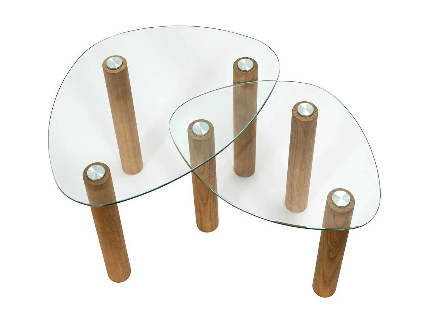 Lot de 2 Tables basses gigogne forme galet en verre trempé pieds en hévéa - INAYA