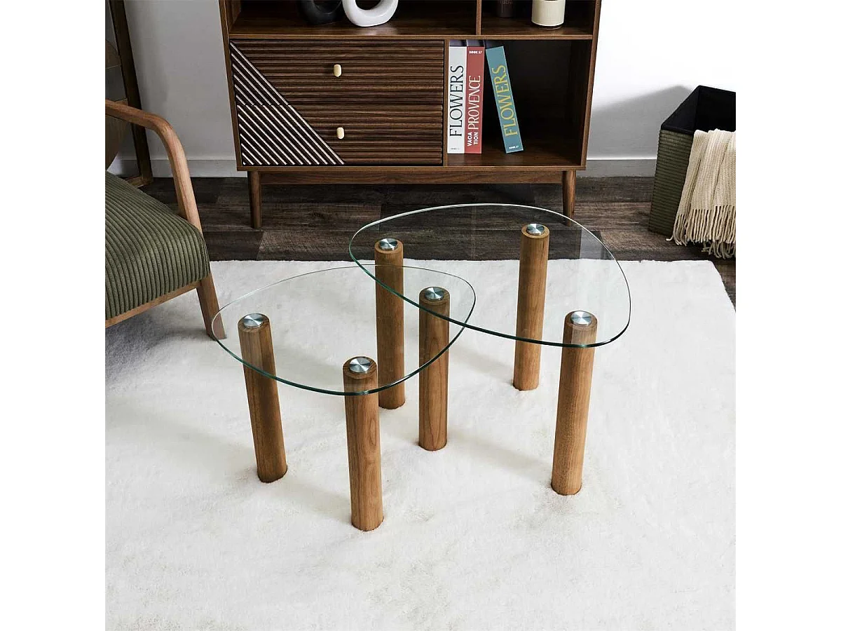 Lot de 2 Tables basses gigogne forme galet en verre trempé pieds en hévéa - INAYA