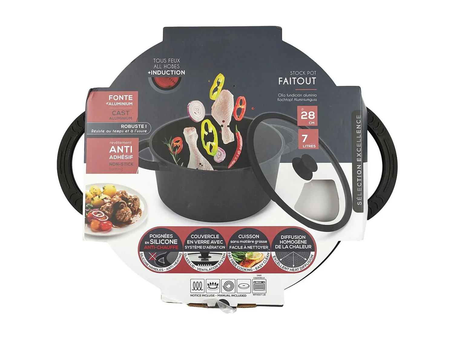 Faitout en Fonte Aluminium 28cm avec Couvercle en Verre et Aeration - SULON