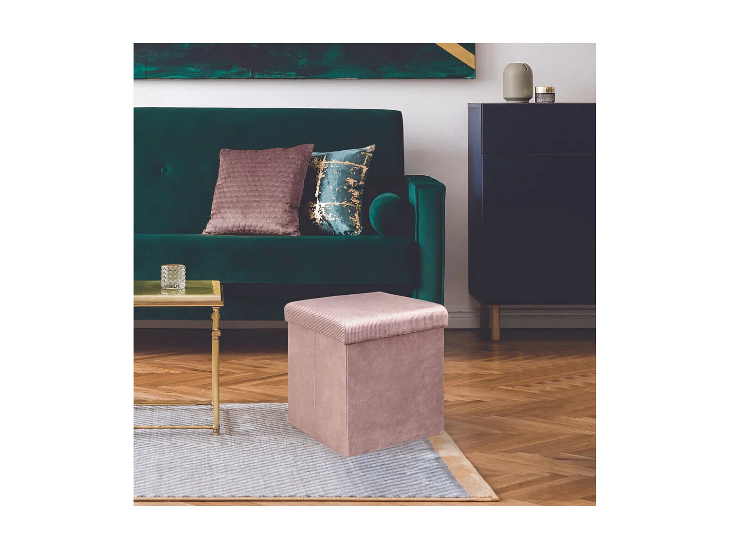 Pouf Coffre Pliable en Velours Côtelé Rose - NEIRA