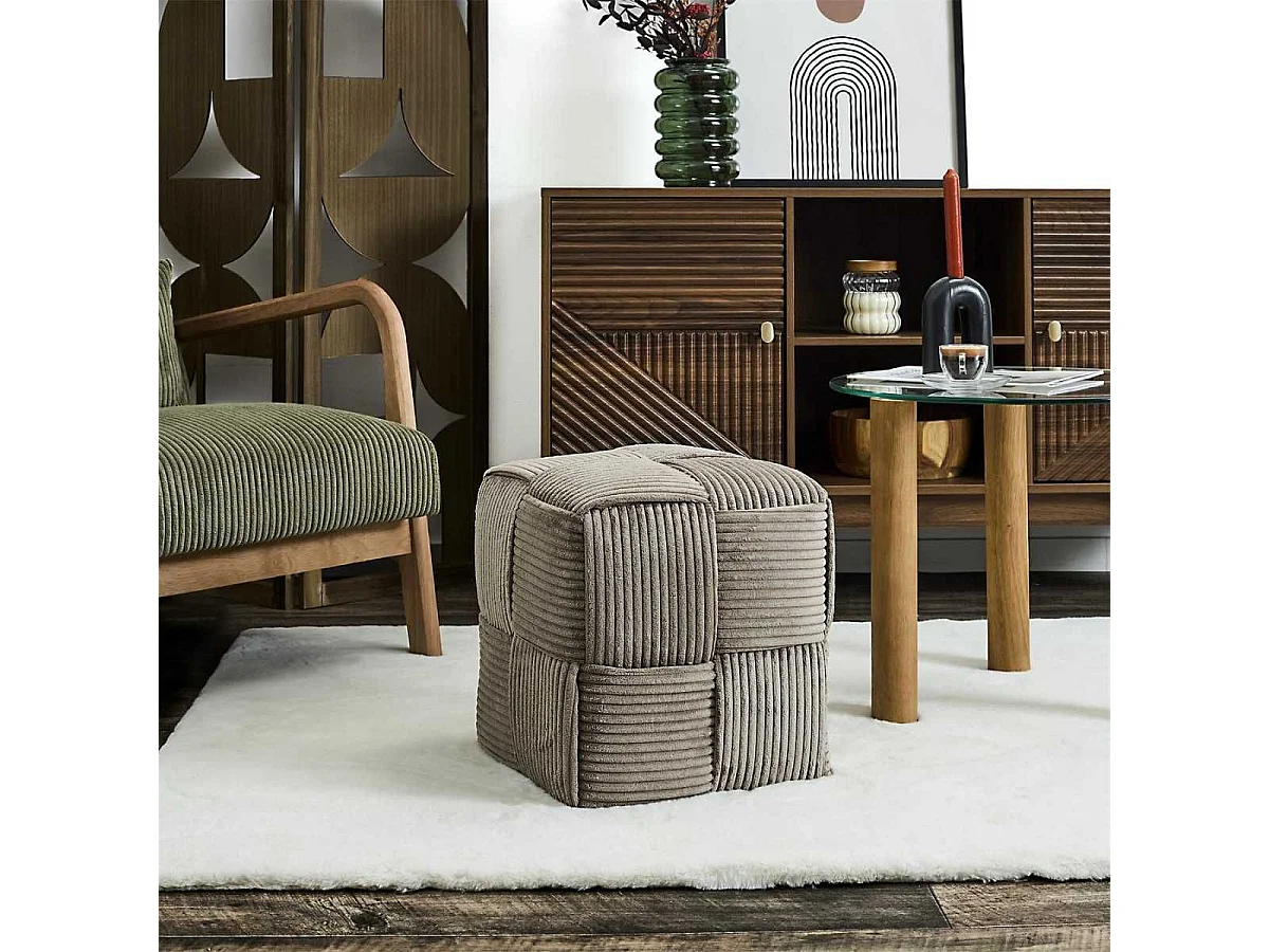 Pouf cube en velours côtelé tressé coloris taupe - AMORY