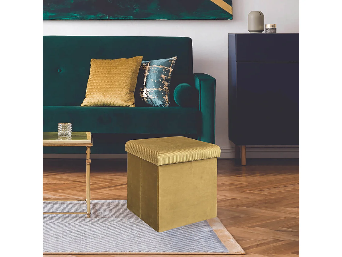 Pouf Coffre Pliable en Velours Côtelé Jaune Moutarde - NEIRA