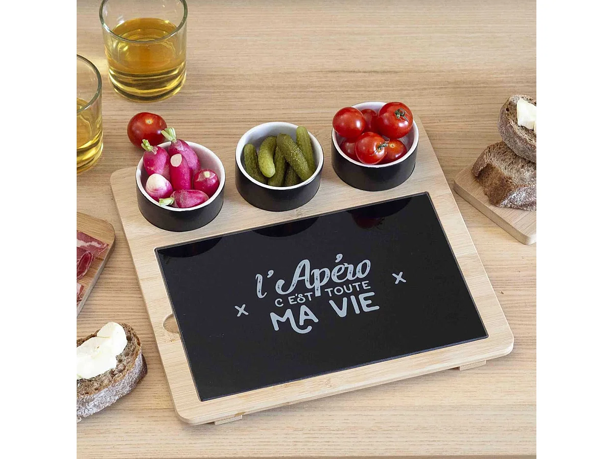 Plateau Apéro Bambou avec Planche à Découper en Verre + 3 Coupelles - SOKA
