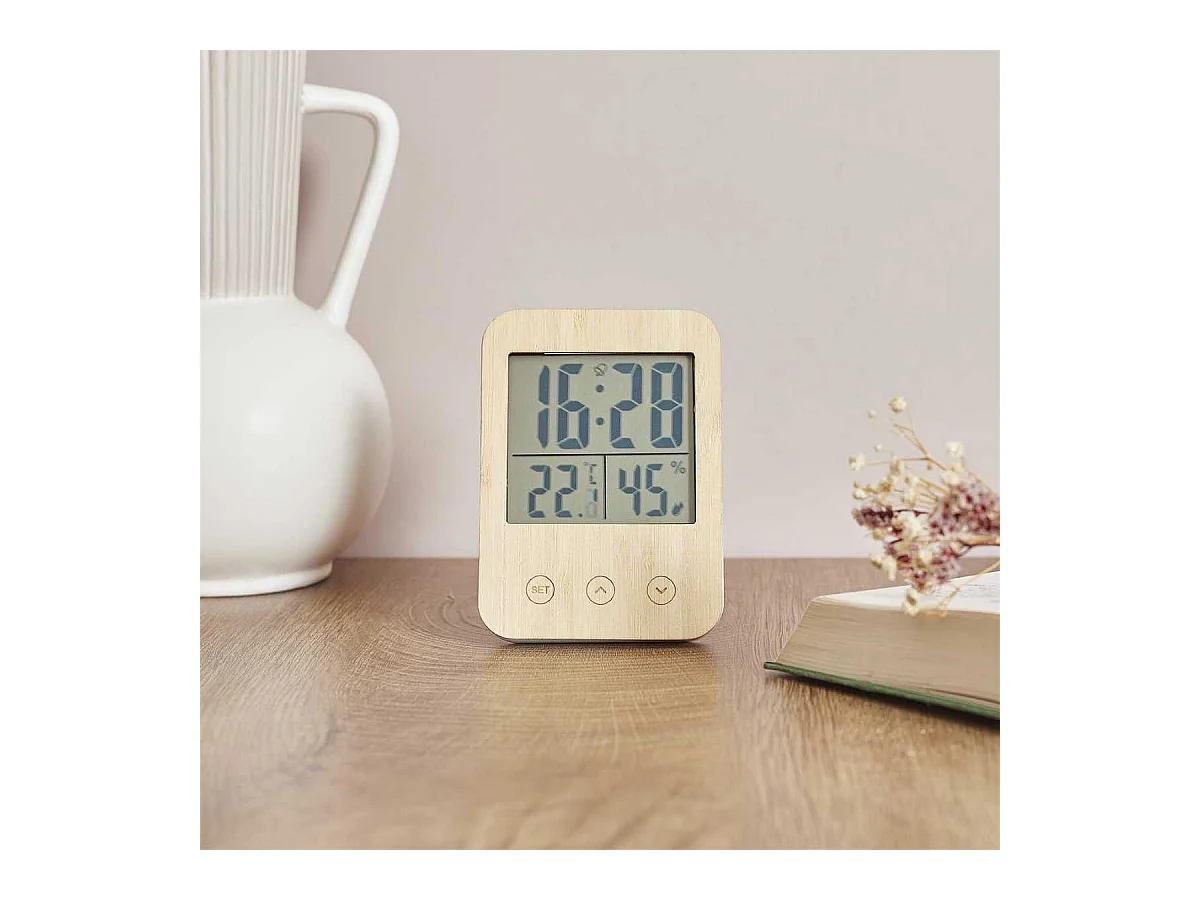 Réveil station météo façade en bois de bambou