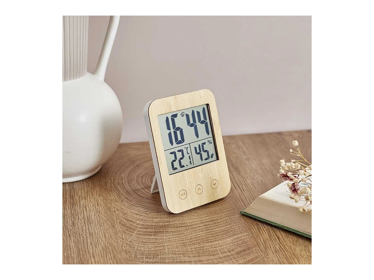 Réveil station météo façade en bois de bambou