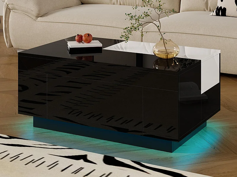 Mesa de centro brilhante 80×50×35,5 cm - Iluminação LED - 1 gaveta - Tampo extensível - Preto + Branco