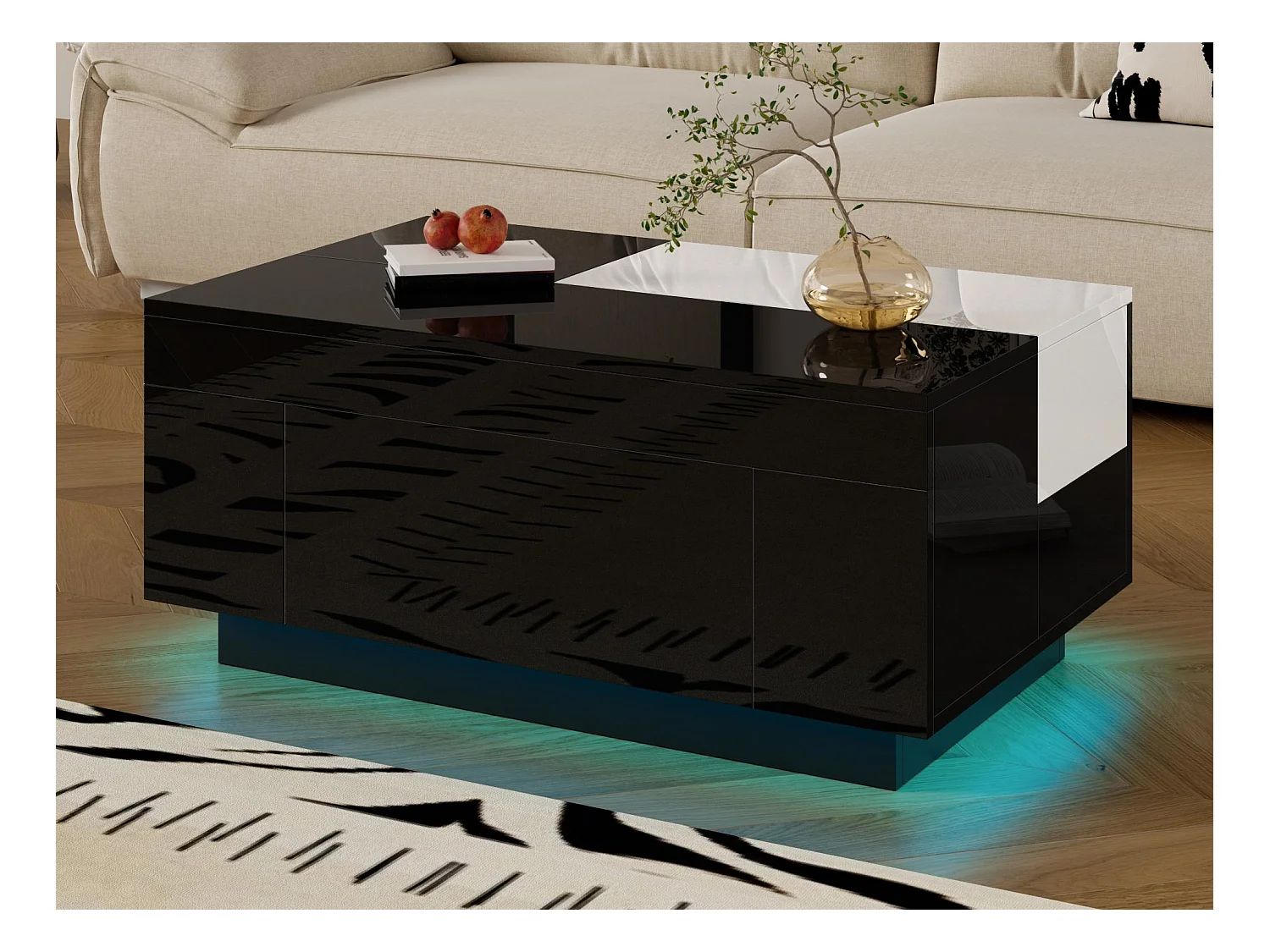 Table basse haute brillance 80x50x35.5 cm - Éclairage LED - 1 tiroir - Plateau rétractable - Noir + Blanc