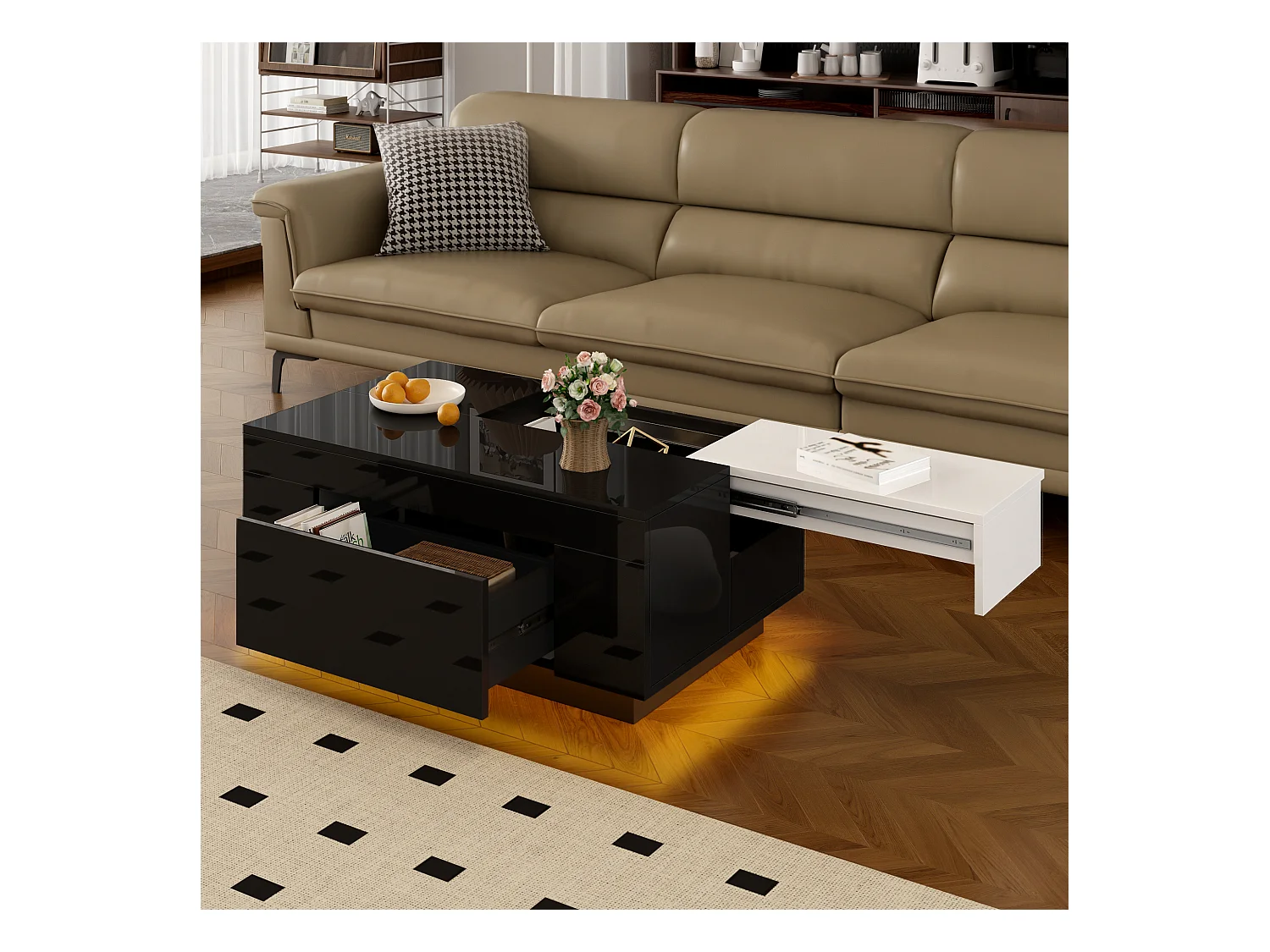 Table basse haute brillance 80x50x35.5 cm - Éclairage LED - 1 tiroir - Plateau rétractable - Noir + Blanc