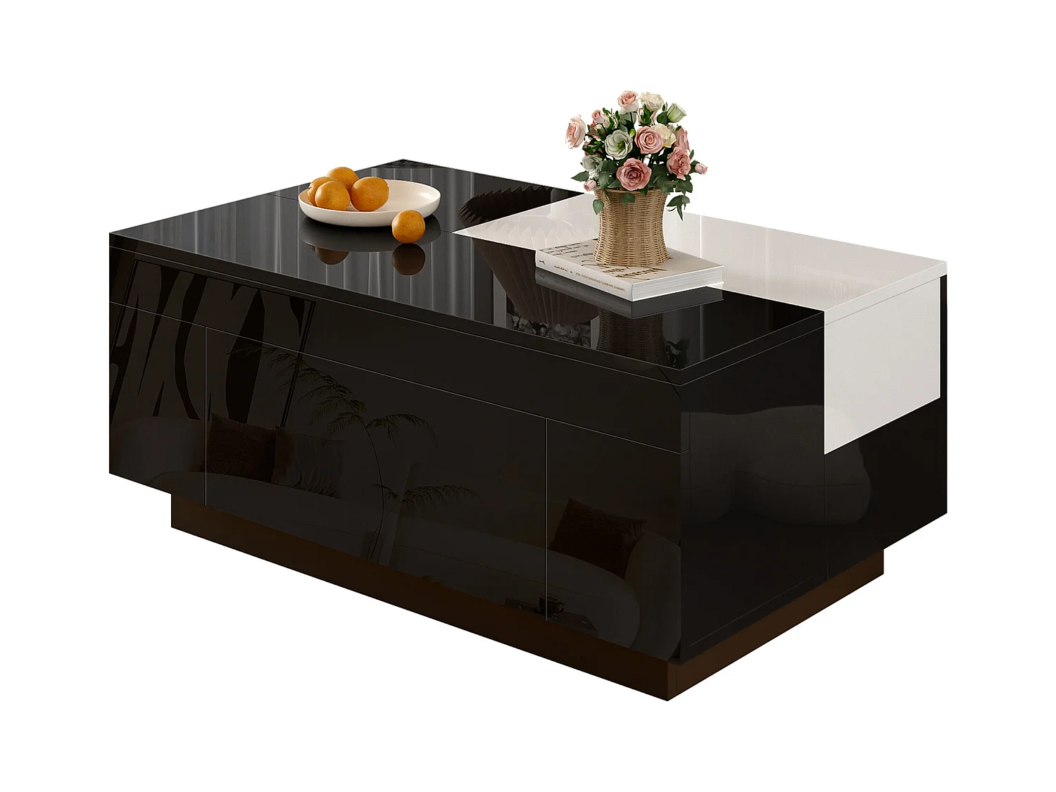 Table basse haute brillance 80x50x35.5 cm - Éclairage LED - 1 tiroir - Plateau rétractable - Noir + Blanc