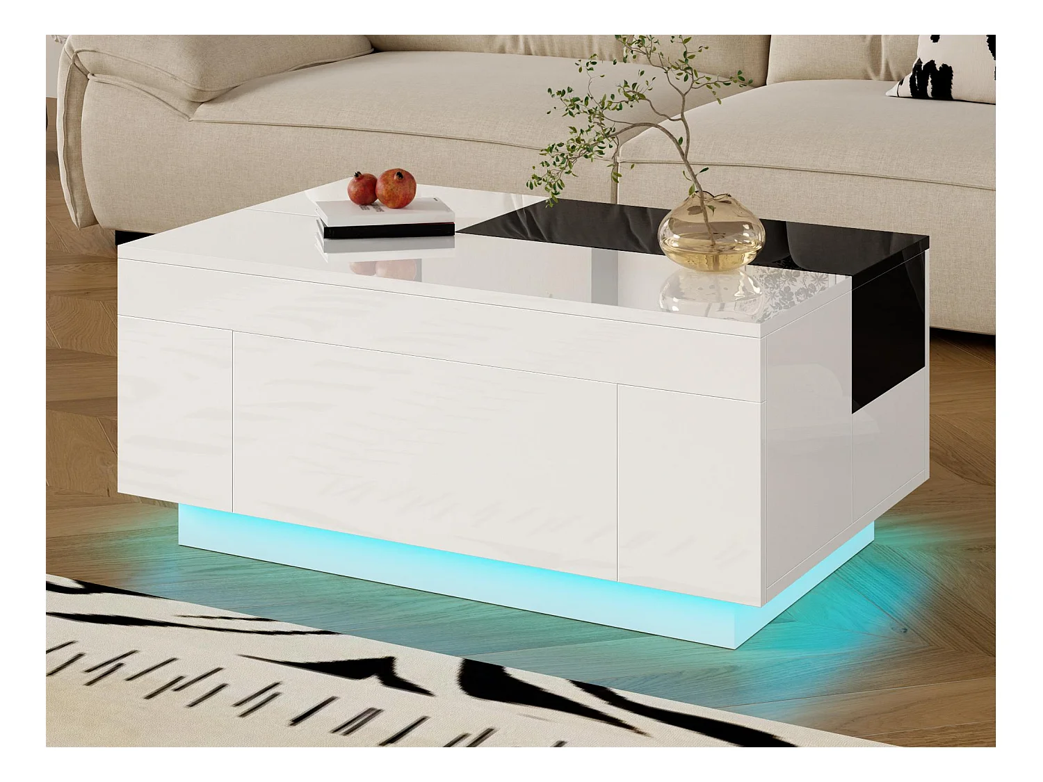 Table basse haute brillance 80x50x35.5 cm - Éclairage LED - 1 tiroir - Plateau rétractable - Blanc + Noir