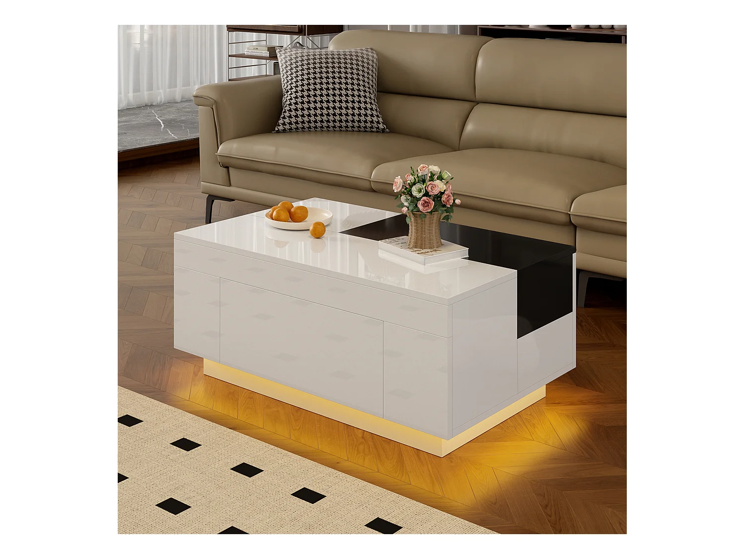 Table basse haute brillance 80x50x35.5 cm - Éclairage LED - 1 tiroir - Plateau rétractable - Blanc + Noir