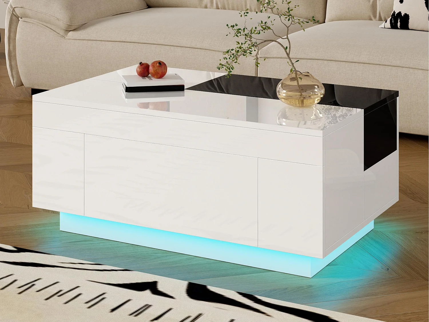 Table basse haute brillance 80x50x35.5 cm - Éclairage LED - 1 tiroir - Plateau rétractable - Blanc + Noir