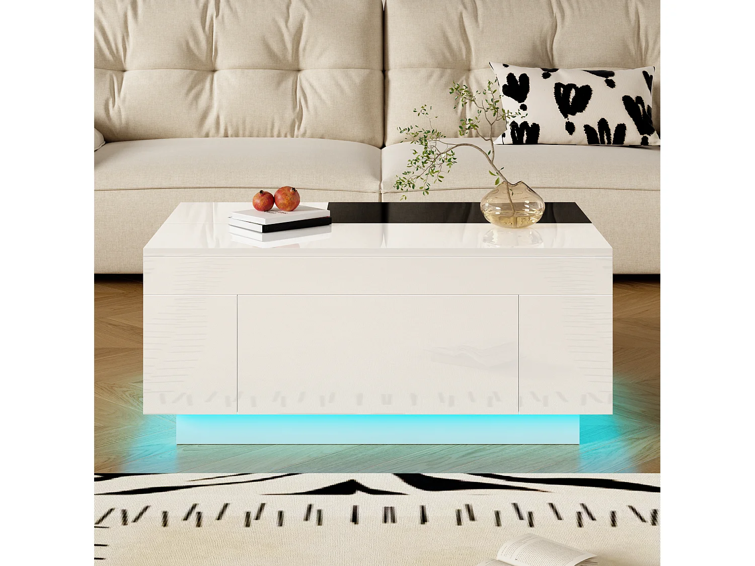 Table basse haute brillance 80x50x35.5 cm - Éclairage LED - 1 tiroir - Plateau rétractable - Blanc + Noir