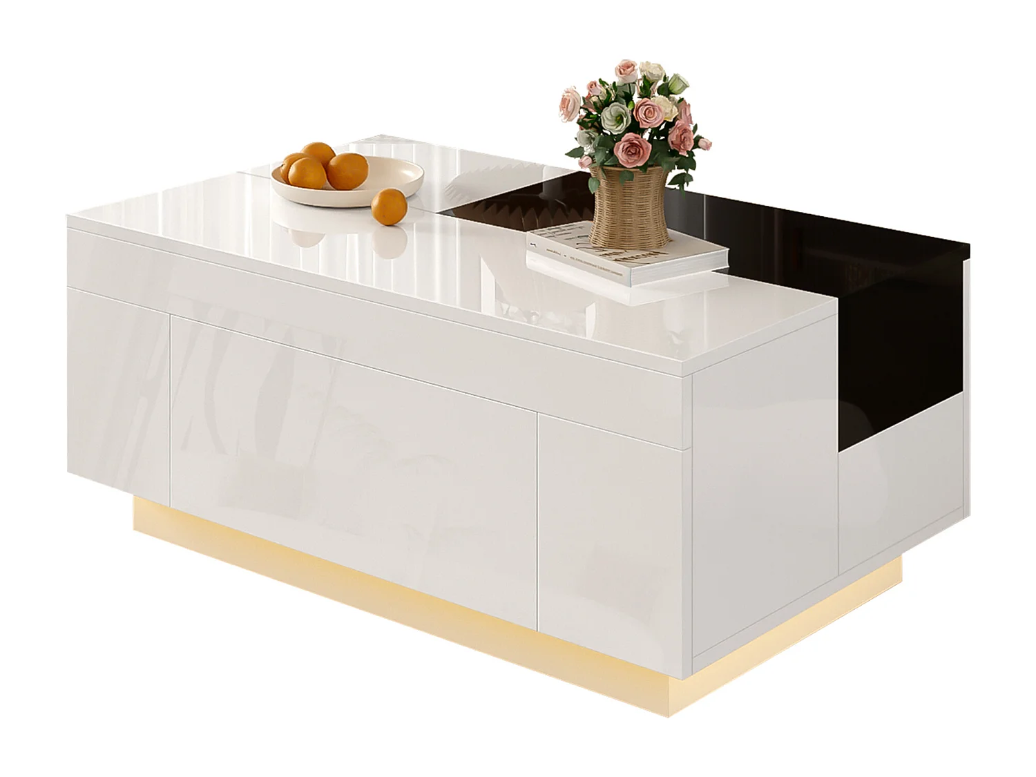 Table basse haute brillance 80x50x35.5 cm - Éclairage LED - 1 tiroir - Plateau rétractable - Blanc + Noir