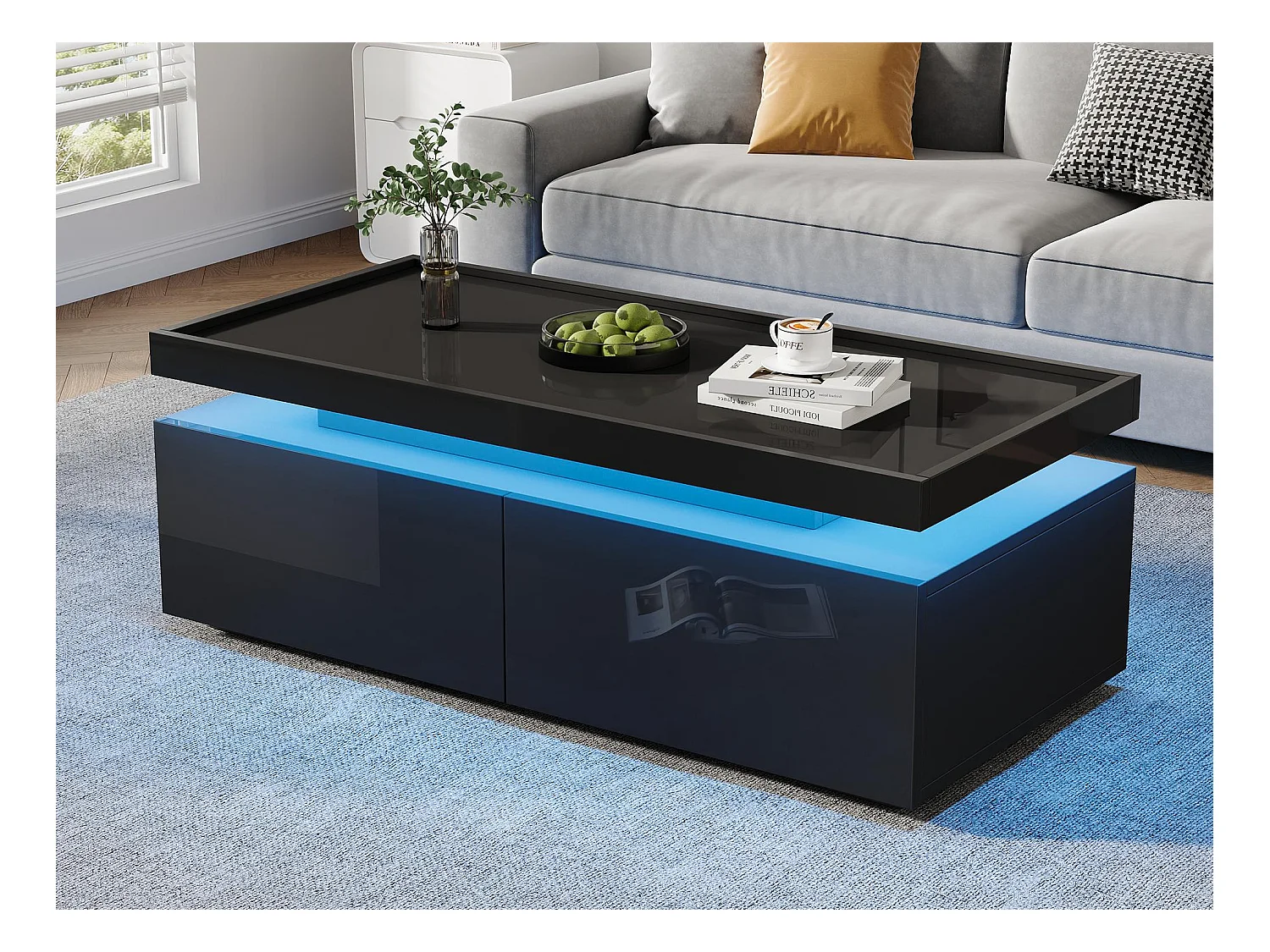 Hochglanz-Couchtisch 95×45×35 cm - mit LED-Beleuchtung - mit 2 Schubladen - Spanplatte - Schwarz