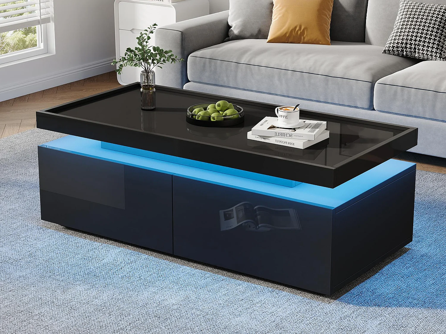 Table basse haute brillance 95x45x35 cm - avec éclairage LED - avec 2 tiroirs - Panneaux de particules - Noir