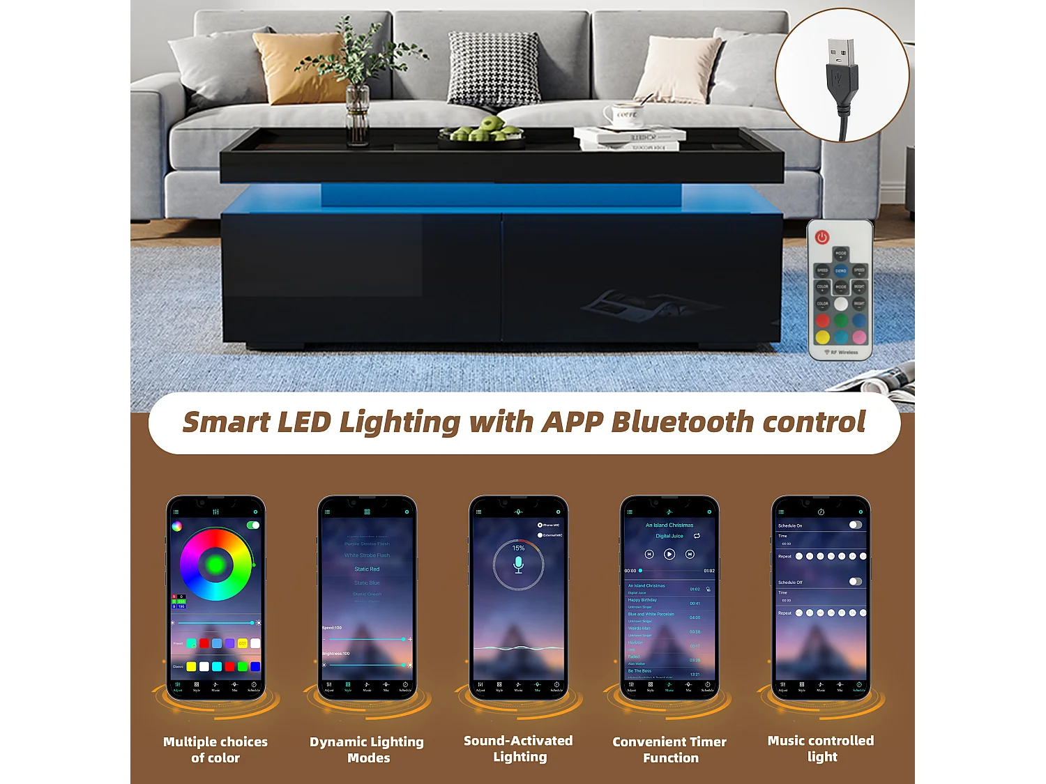 Table basse haute brillance 95x45x35 cm - avec éclairage LED - avec 2 tiroirs - Panneaux de particules - Noir