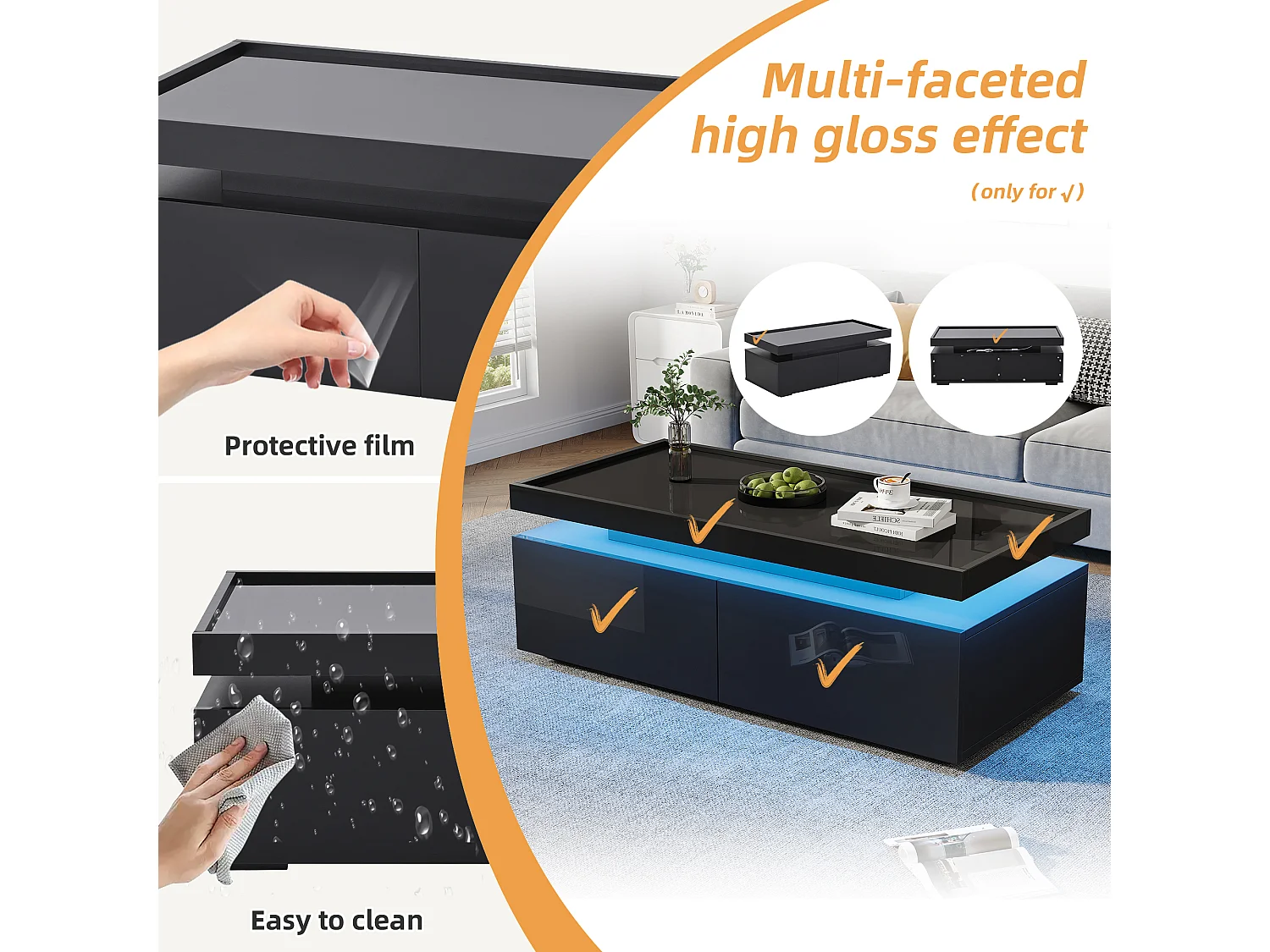 Table basse haute brillance 95x45x35 cm - avec éclairage LED - avec 2 tiroirs - Panneaux de particules - Noir