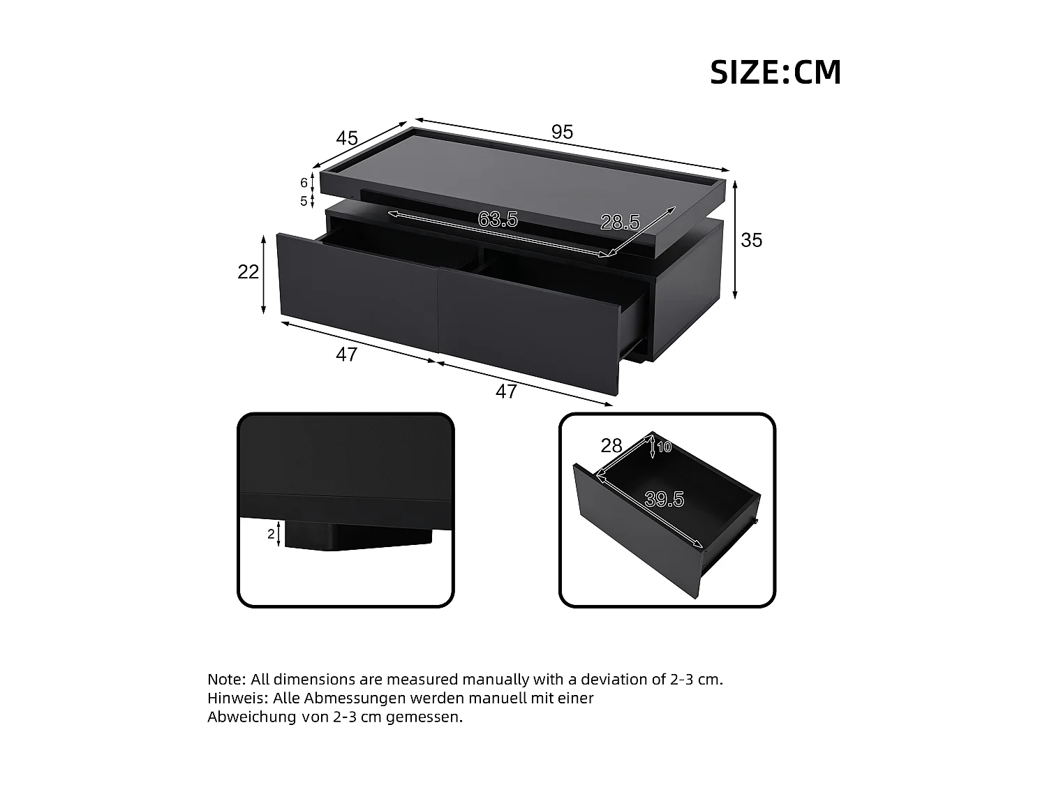 Table basse haute brillance 95x45x35 cm - avec éclairage LED - avec 2 tiroirs - Panneaux de particules - Noir