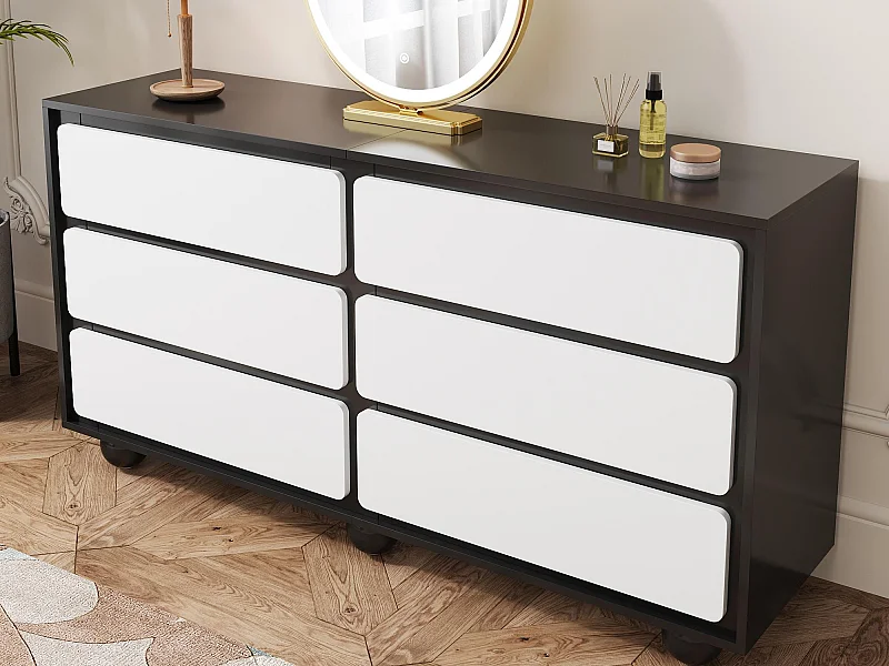 Buffet moderne 140x38x74.5 cm - 6 tiroirs - Pieds ronds en métal - Panneaux de particules - Noir et blanc