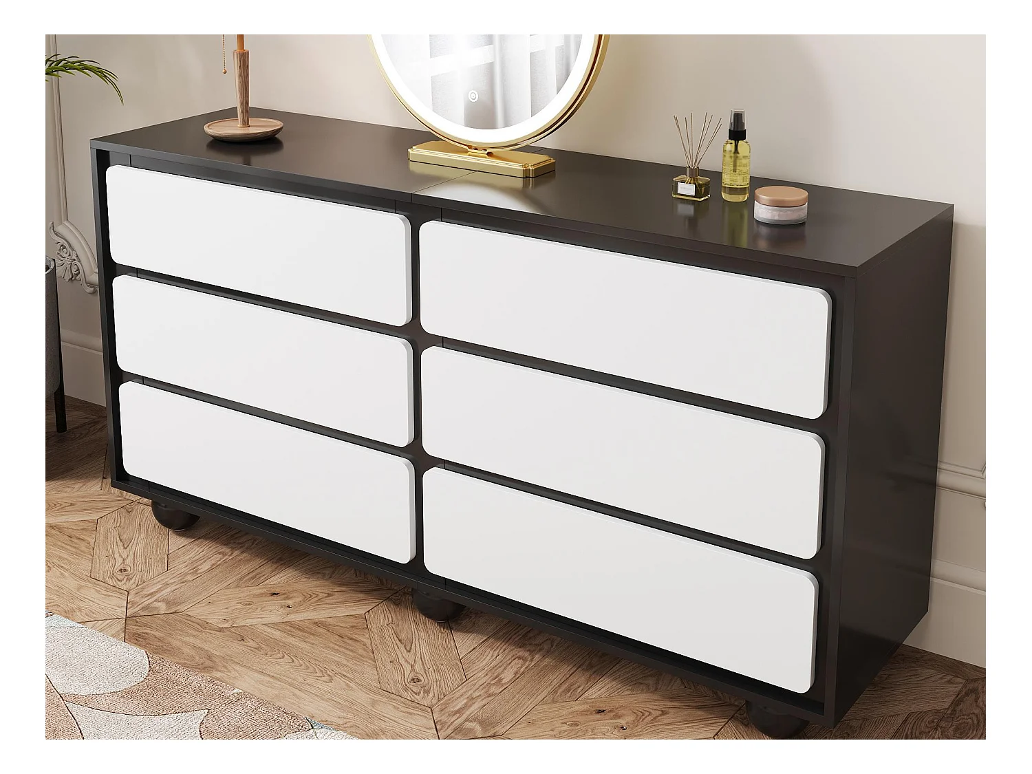 Buffet moderne 140x38x74.5 cm - 6 tiroirs - Pieds ronds en métal - Panneaux de particules - Noir et blanc
