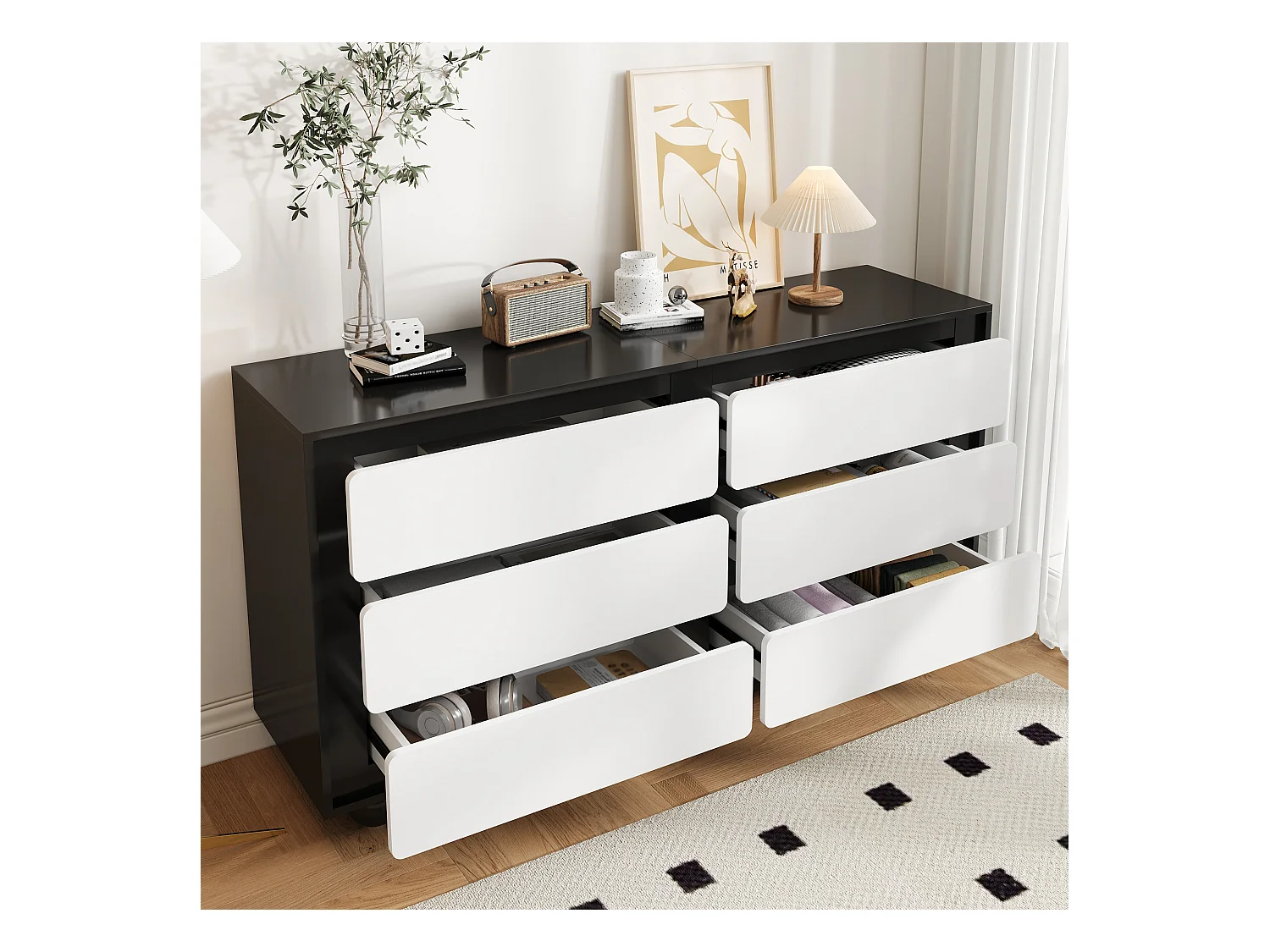 Buffet moderne 140x38x74.5 cm - 6 tiroirs - Pieds ronds en métal - Panneaux de particules - Noir et blanc