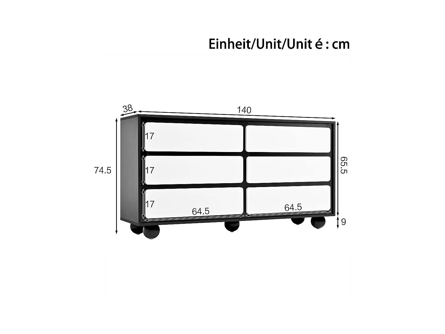 Buffet moderne 140x38x74.5 cm - 6 tiroirs - Pieds ronds en métal - Panneaux de particules - Noir et blanc