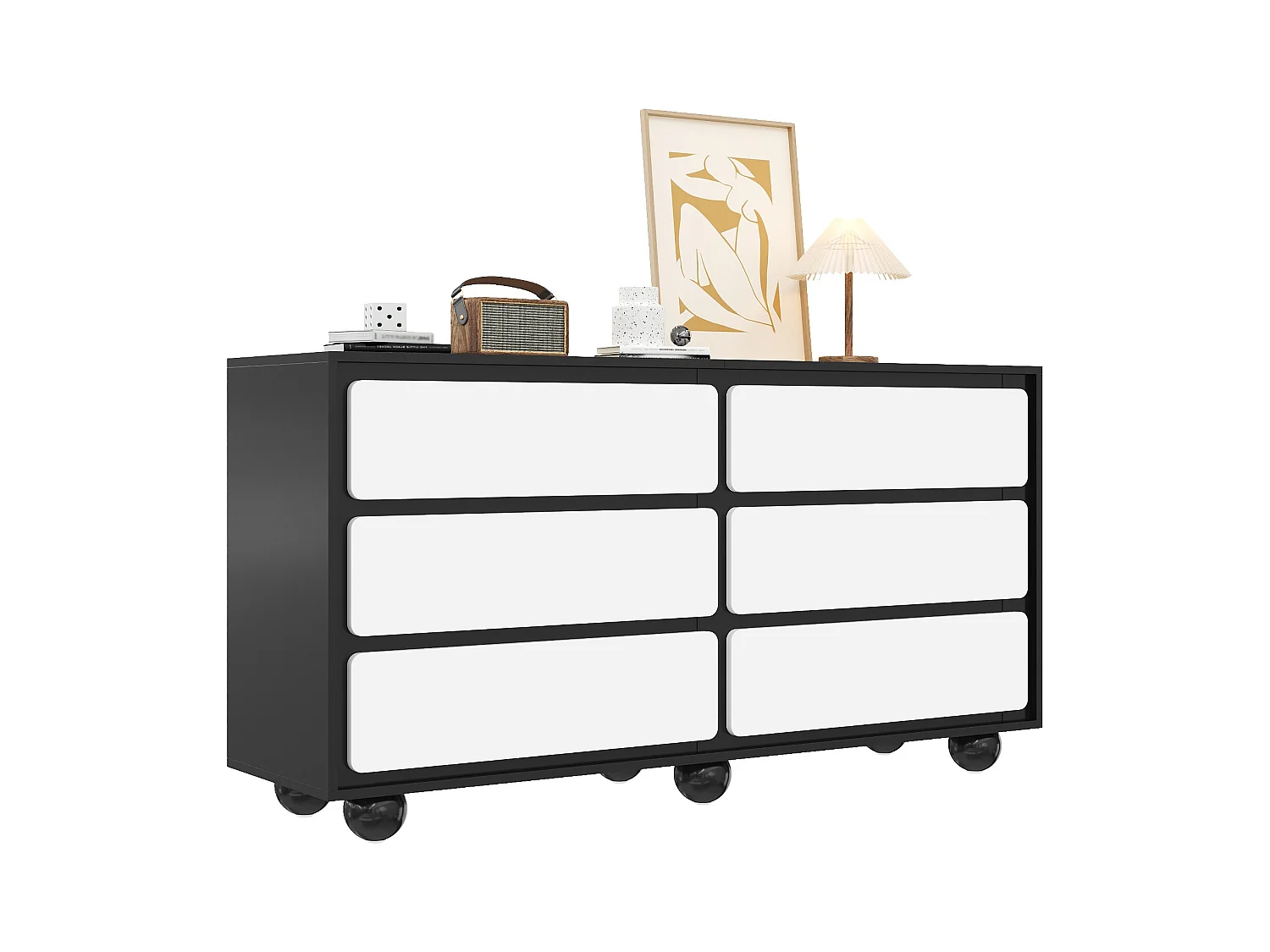 Buffet moderne 140x38x74.5 cm - 6 tiroirs - Pieds ronds en métal - Panneaux de particules - Noir et blanc