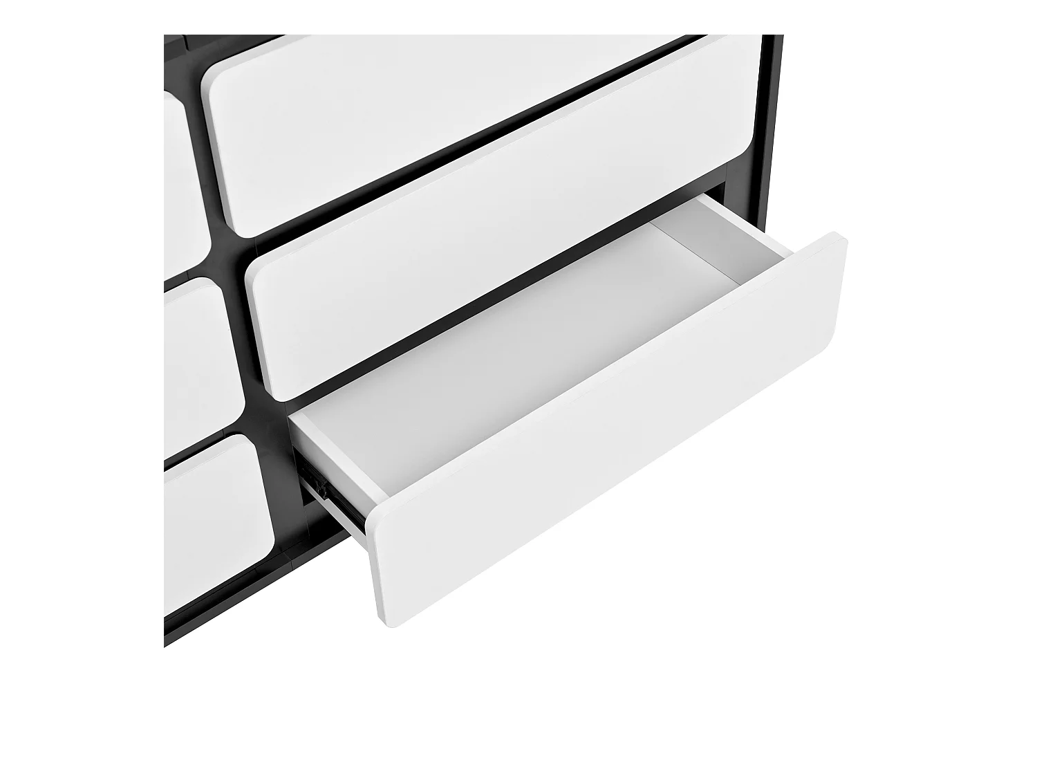 Buffet moderne 140x38x74.5 cm - 6 tiroirs - Pieds ronds en métal - Panneaux de particules - Noir et blanc