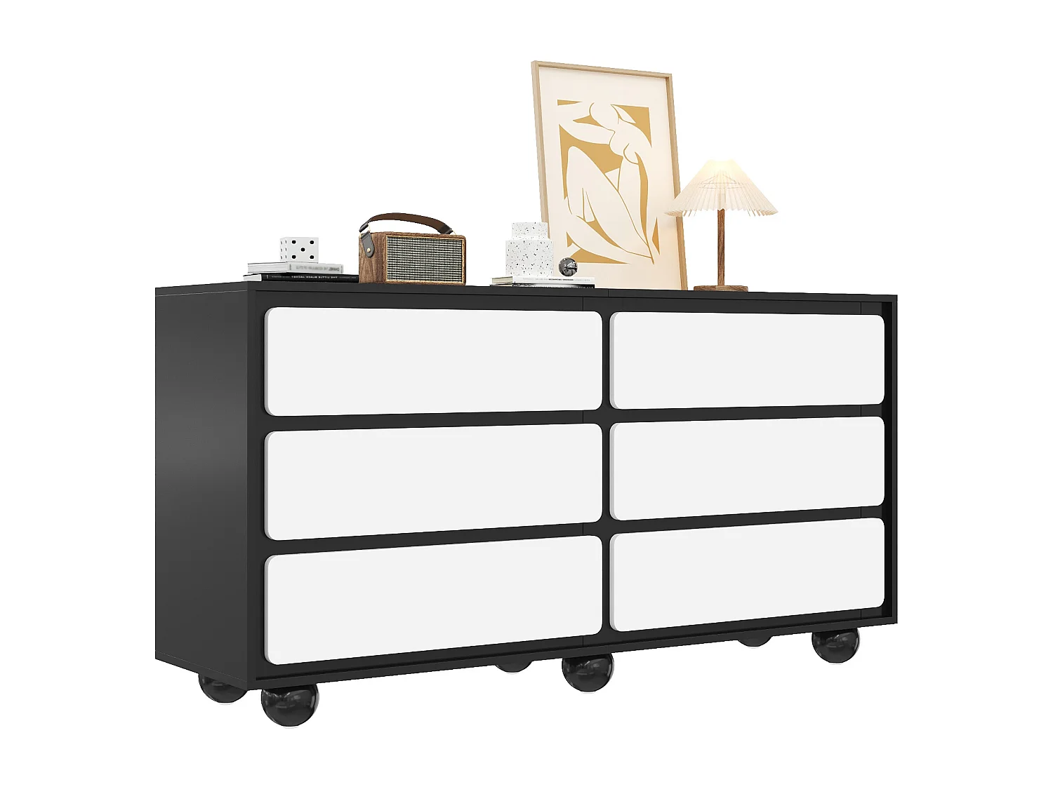 Buffet moderne 140x38x74.5 cm - 6 tiroirs - Pieds ronds en métal - Panneaux de particules - Noir et blanc