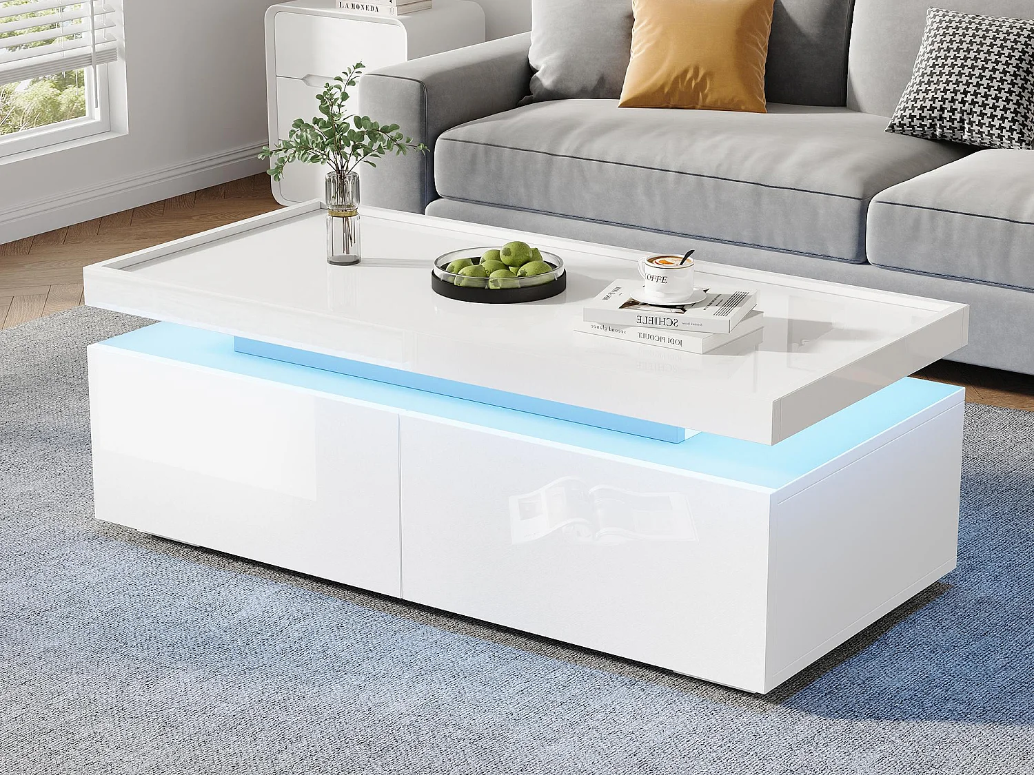 Table basse haute brillance 95x45x35 cm - avec éclairage LED - avec 2 tiroirs - Panneaux de particules - Blanc