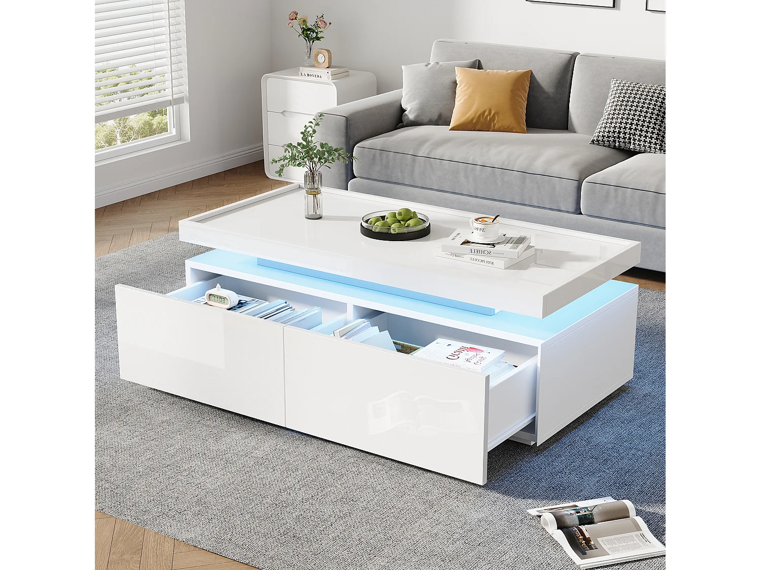 Table basse haute brillance 95x45x35 cm - avec éclairage LED - avec 2 tiroirs - Panneaux de particules - Blanc